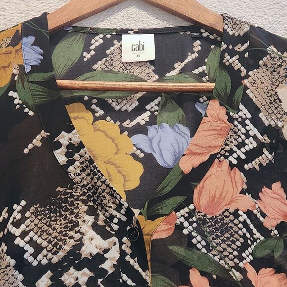 Cabi Womens Black Snake Charmer Floral Sheer Bishop Sleeve Blouse Size Medium - Picture 2 of 13